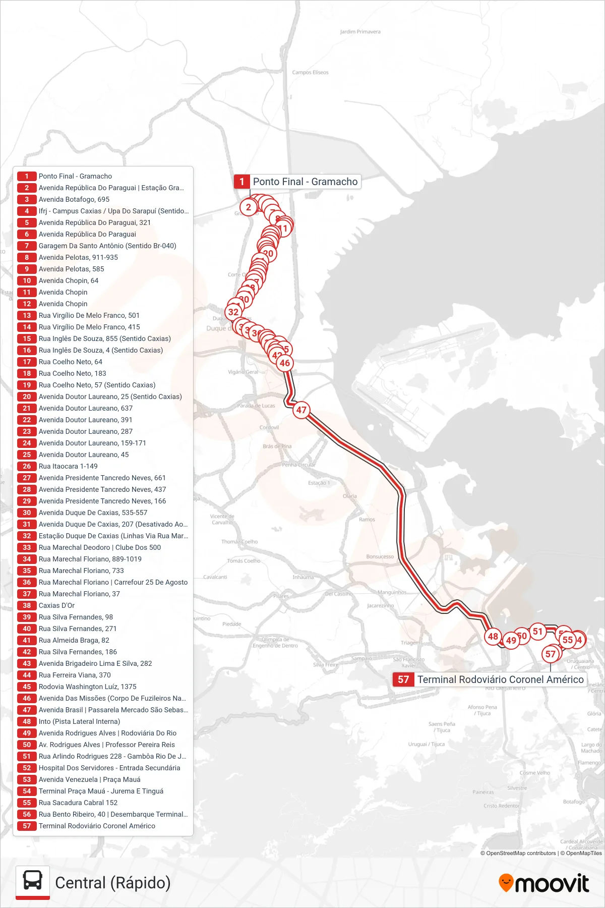 Rota e paradas da linha de ônibus 102C (Central (Rápido)) no mapa