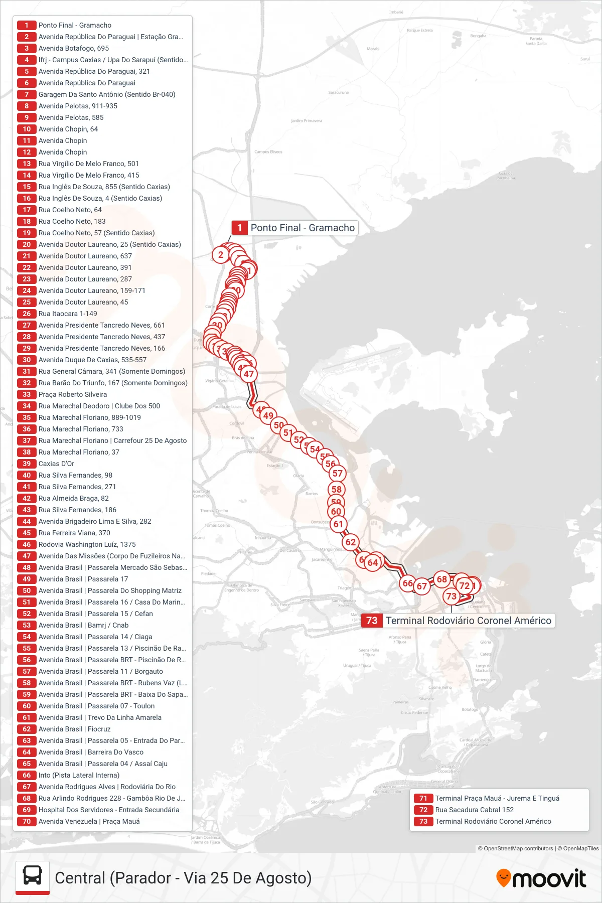 Rota e paradas da linha de ônibus 102C (Central (Parador - Via 25 De Agosto)) no mapa
