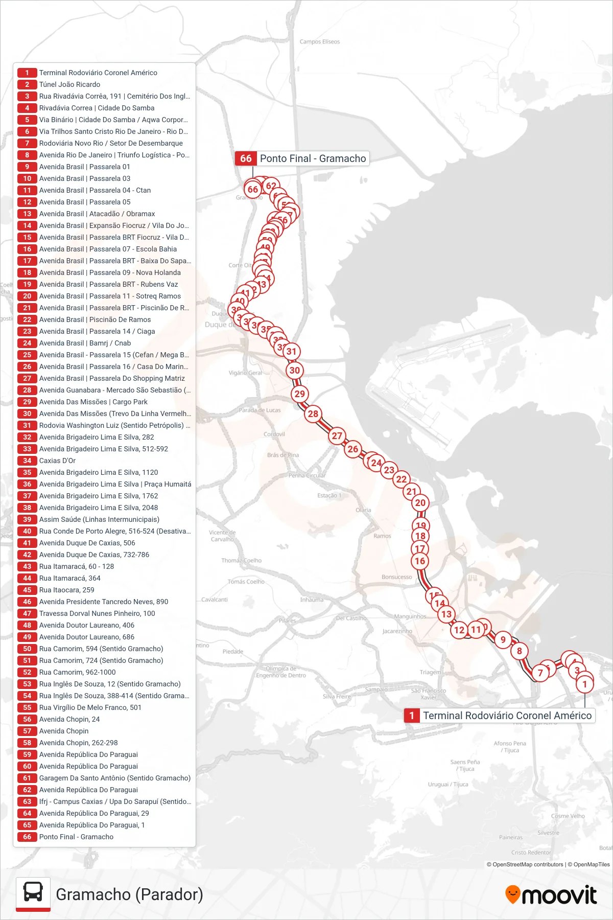 Rota e paradas da linha de ônibus 102C (Gramacho (Parador)) no mapa