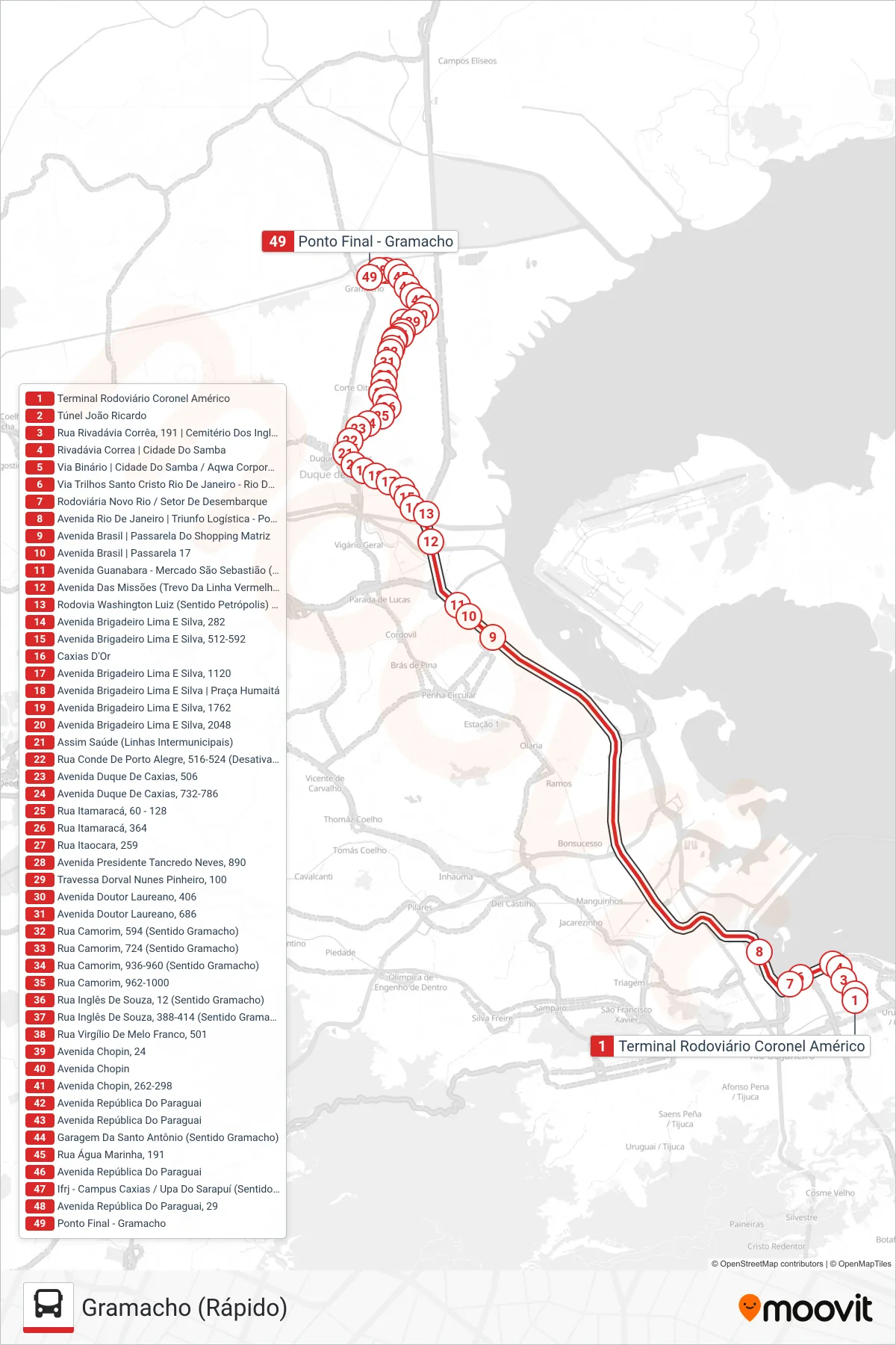 Rota e paradas da linha de ônibus 102C (Gramacho (Rápido)) no mapa