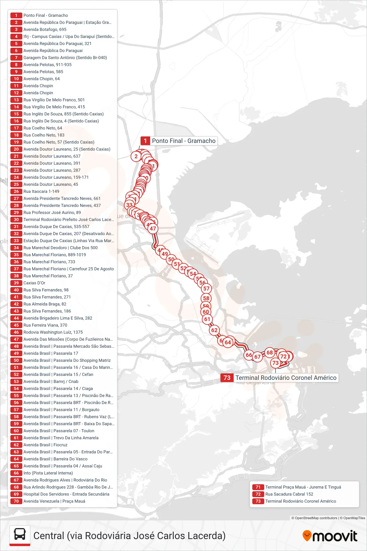 Rota e paradas da linha de ônibus 102C (Central (via Rodoviária José Carlos Lacerda)) no mapa