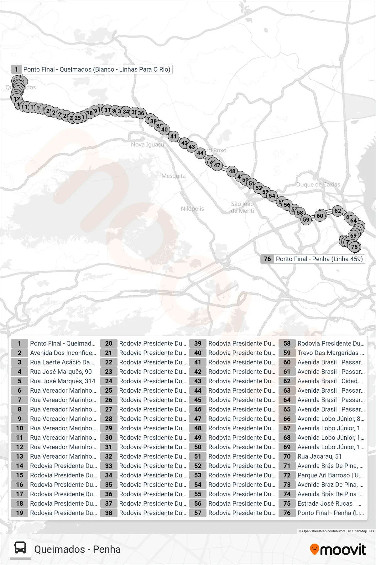 Rota e paradas da linha de ônibus 459 (Penha) no mapa