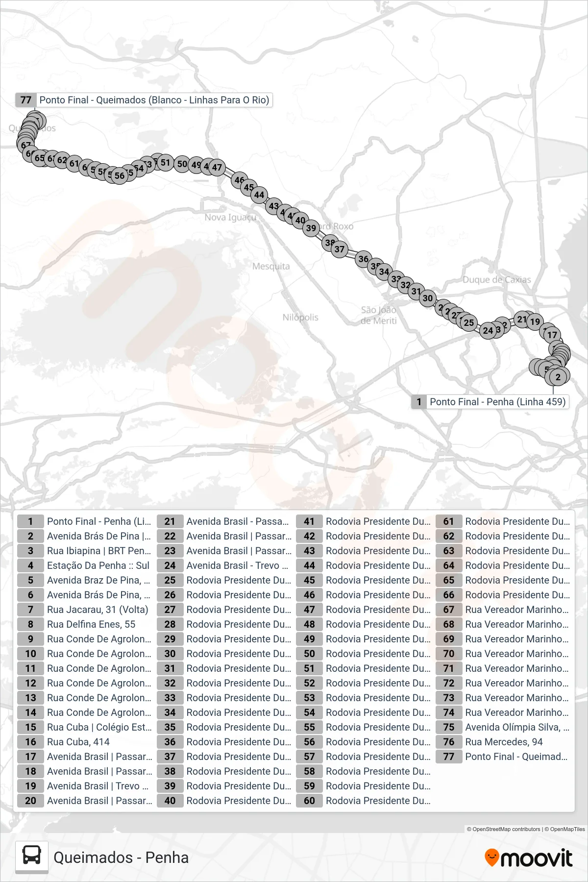 Rota e paradas da linha de ônibus 459 (Queimados) no mapa