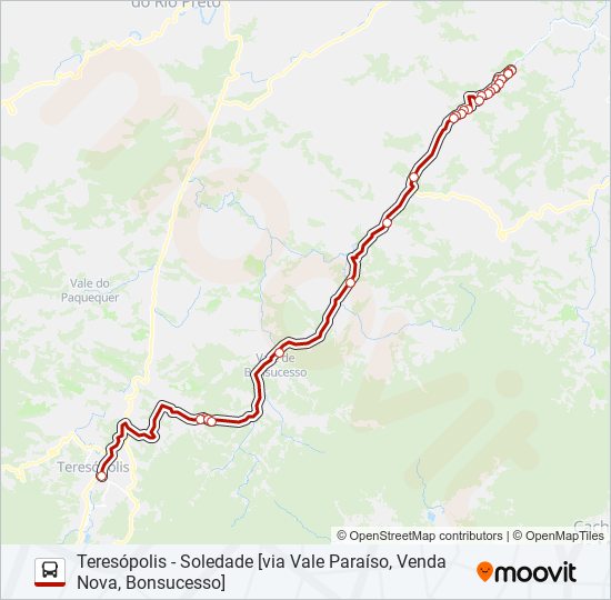 Mapa da linha TERESÓPOLIS - SOLEDADE [VIA VALE PARAÍSO, VENDA NOVA, BONSUCESSO] de ônibus