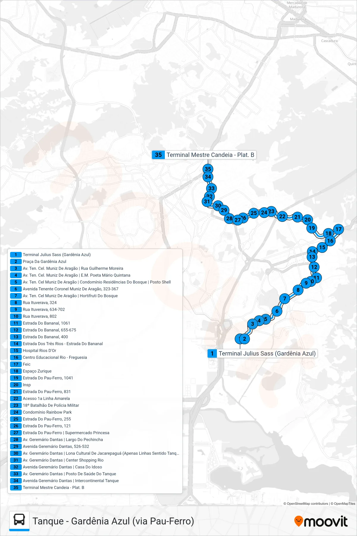 Rota e paradas da linha de ônibus 932 (Tanque) no mapa