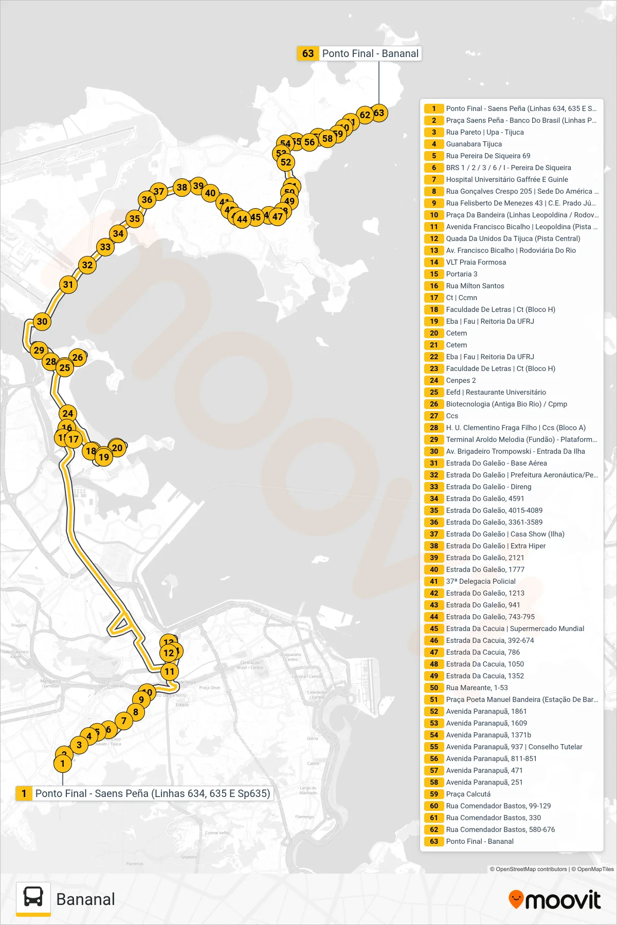 635 bus Line (Bananal) route and stops on a map