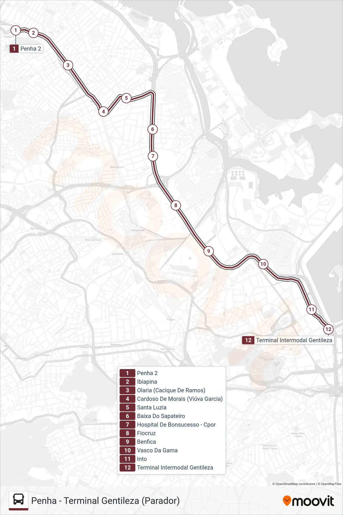 Rota e paradas da linha de ônibus  80  (Terminal Gentileza) no mapa