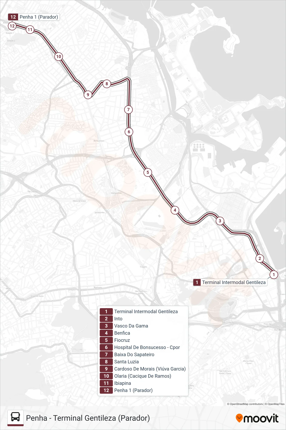 80 bus Line (Penha) route and stops on a map