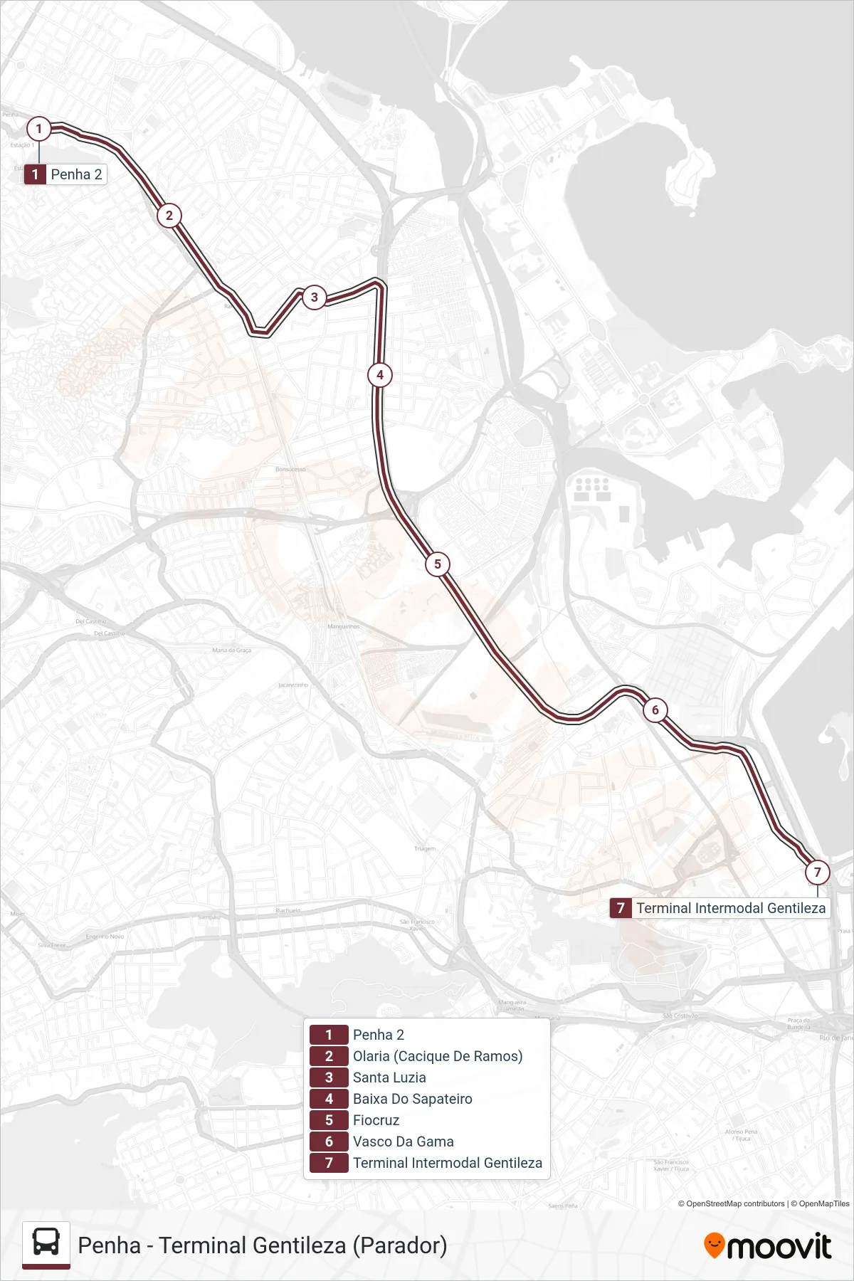 Rota e paradas da linha de ônibus 80 (Terminal Gentileza (Serviço Noturno)) no mapa