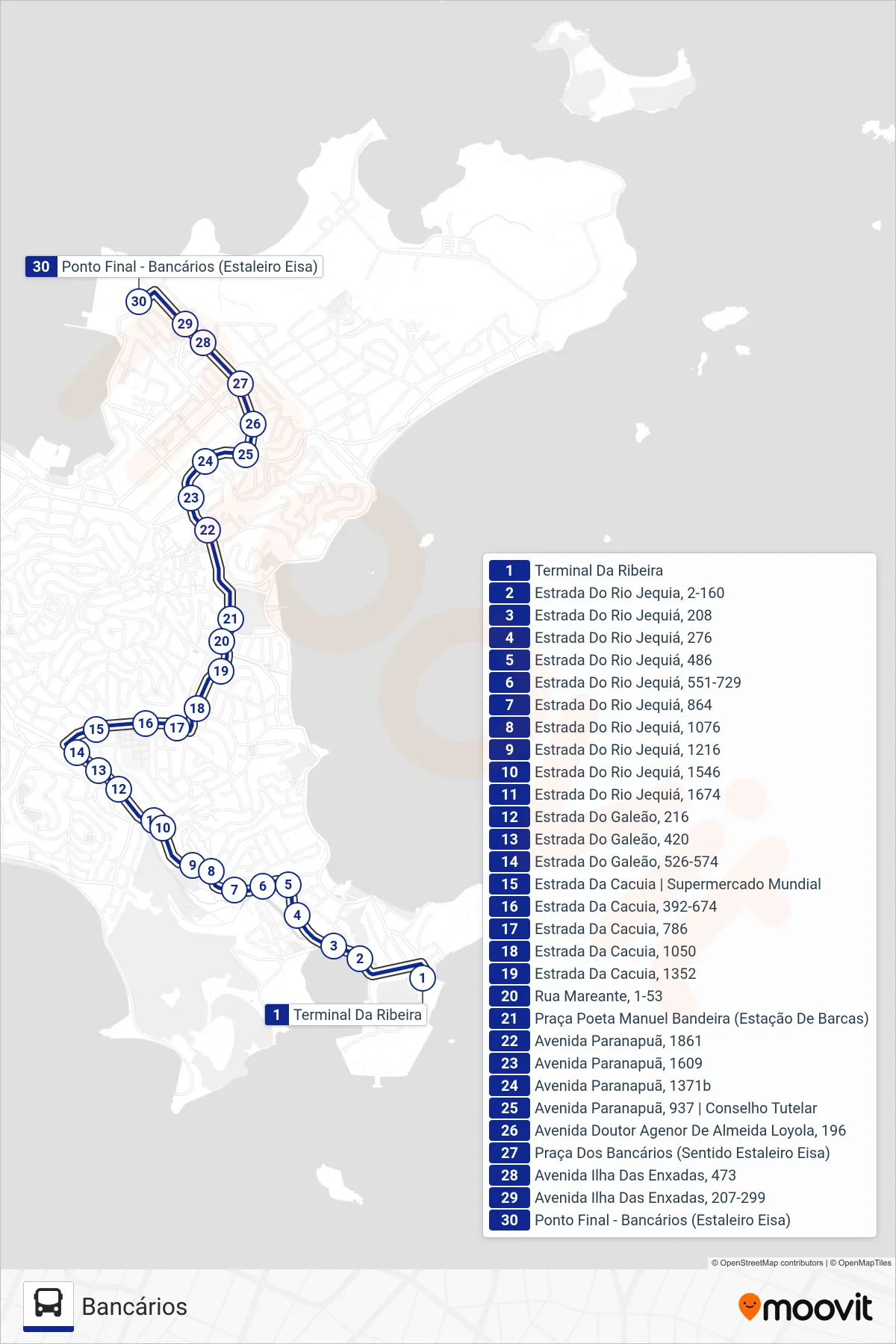 Rota e paradas da linha de ônibus 921 (Bancários) no mapa