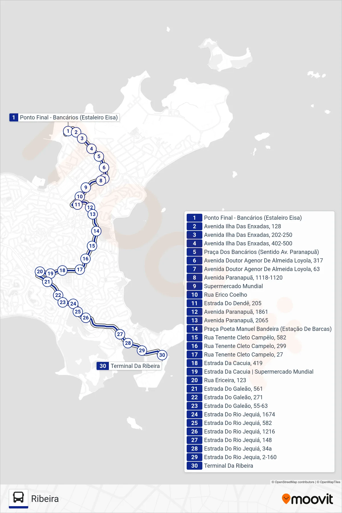 Rota e paradas da linha de ônibus 921 (Ribeira) no mapa