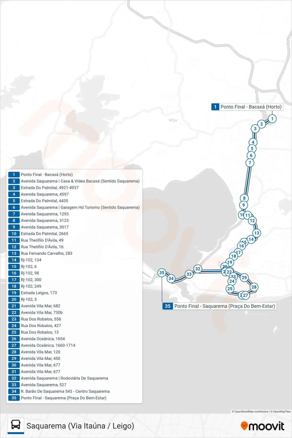 Rota e paradas da linha de ônibus 37 (Saquarema (Via Itaúna / Leigo)) no mapa