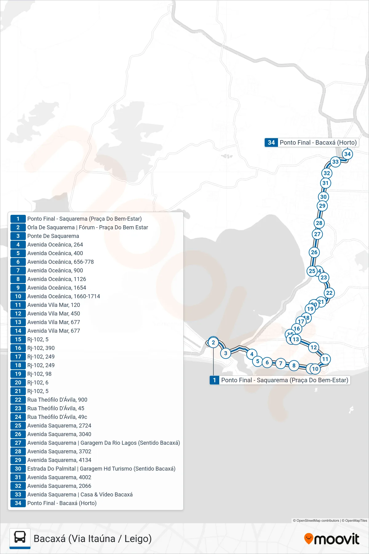 Rota e paradas da linha de ônibus 37 (Bacaxá (Via Itaúna / Leigo)) no mapa