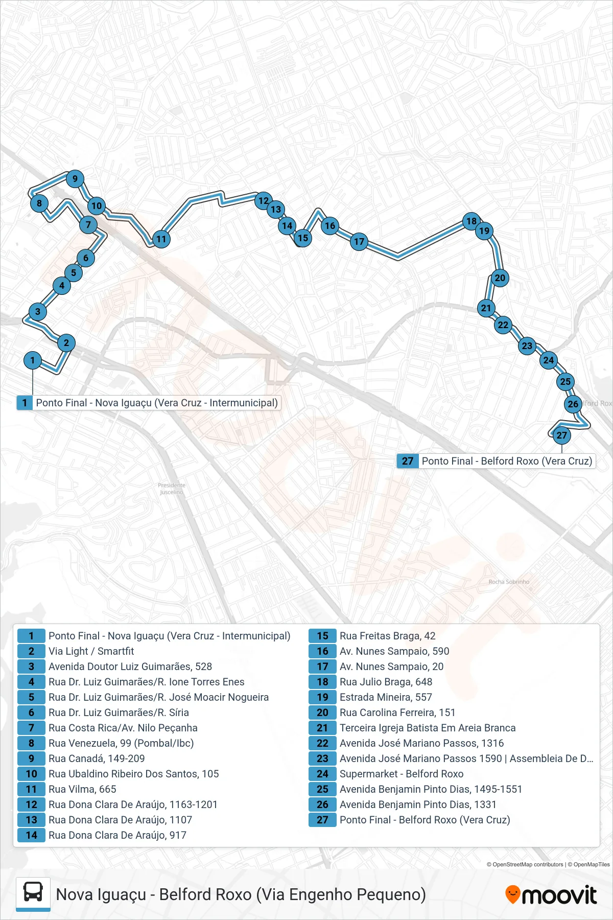 Rota e paradas da linha de ônibus 201I (Belford Roxo (Via Engenho Pequeno)) no mapa
