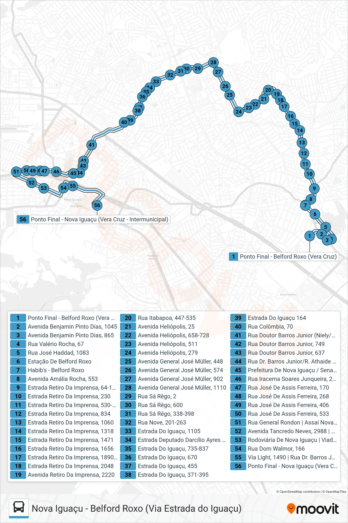 Rota e paradas da linha de ônibus 206I (Nova Iguaçu (Via Estrada Do Iguaçu)) no mapa