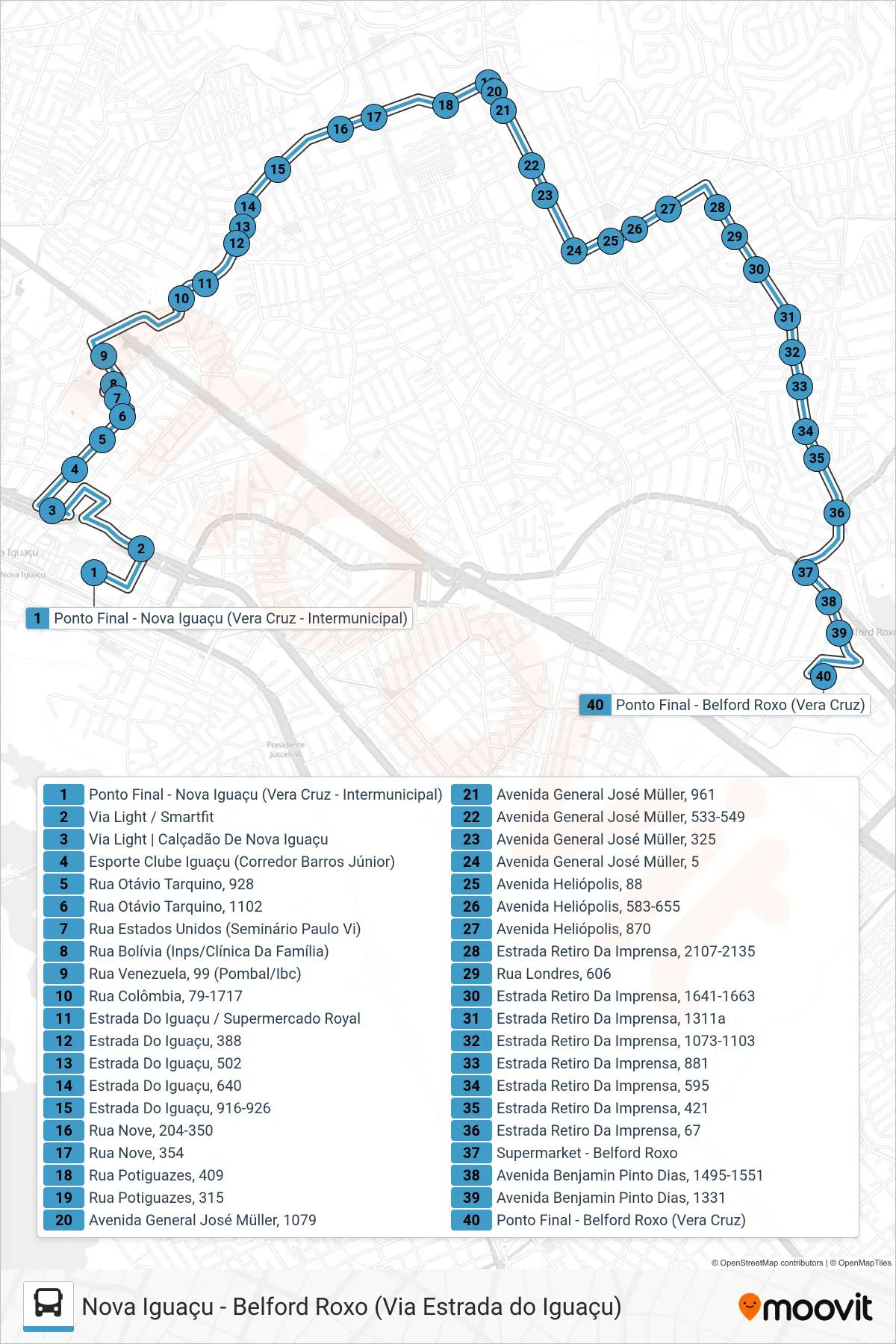 Rota e paradas da linha de ônibus 206I (Belford Roxo (Via Estrada Do Iguaçu)) no mapa