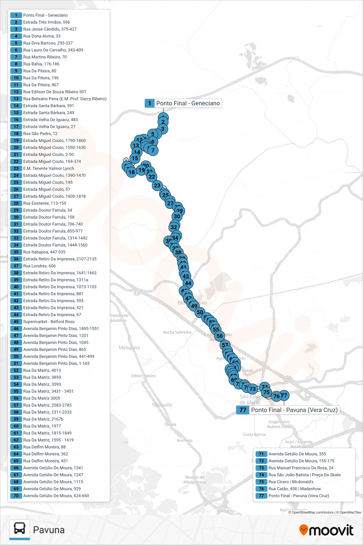 Rota e paradas da linha de ônibus  421I  (Pavuna) no mapa
