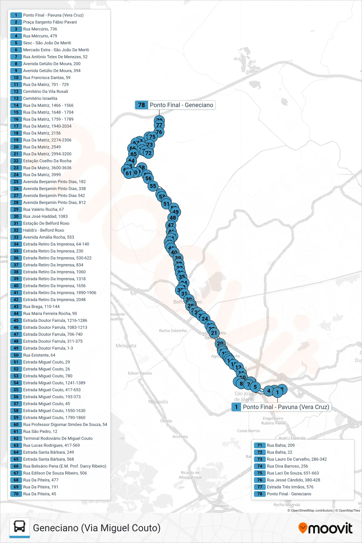 Rota e paradas da linha de ônibus 421I (Geneciano (Via Miguel Couto)) no mapa