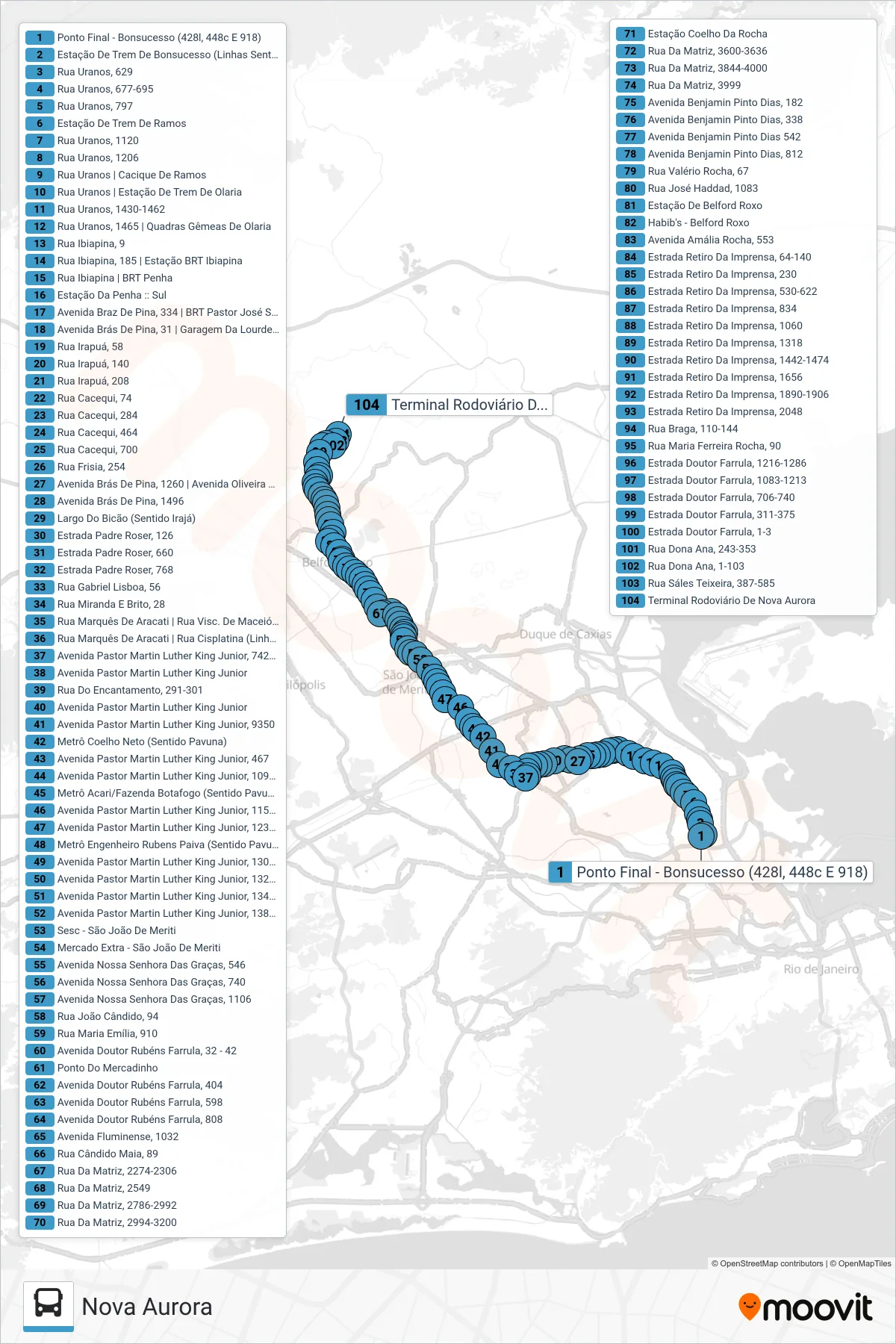 Rota e paradas da linha de ônibus 428L (Nova Aurora) no mapa