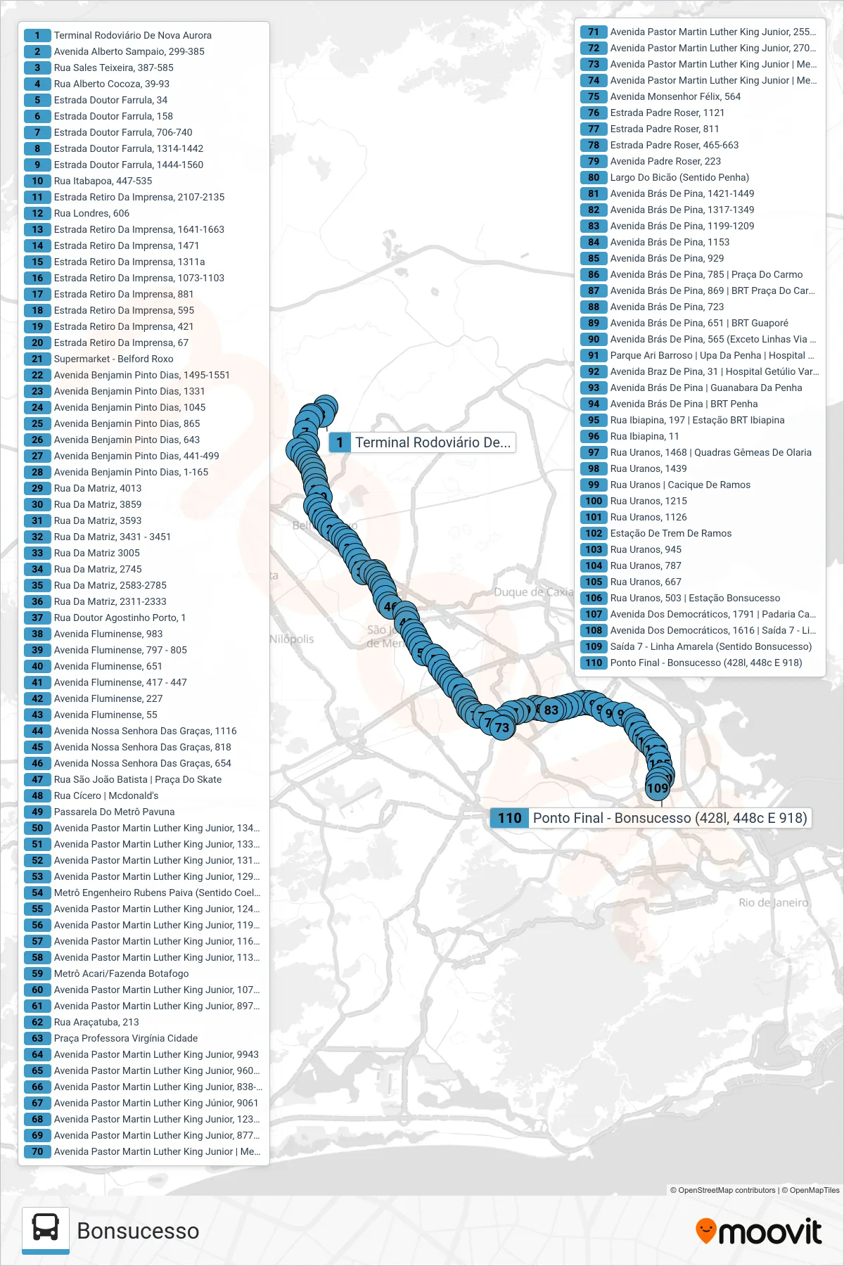 Rota e paradas da linha de ônibus 428L (Bonsucesso) no mapa