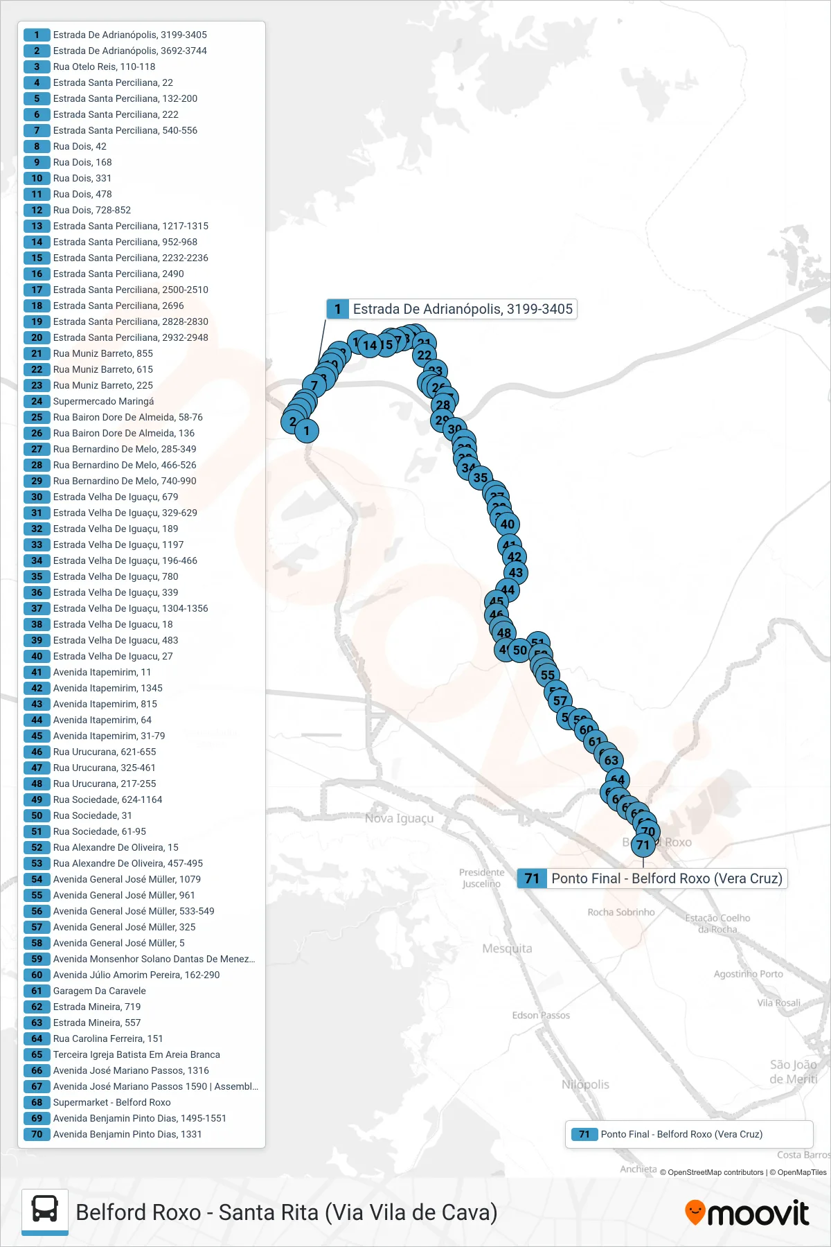 525I bus Line (Belford Roxo) route and stops on a map