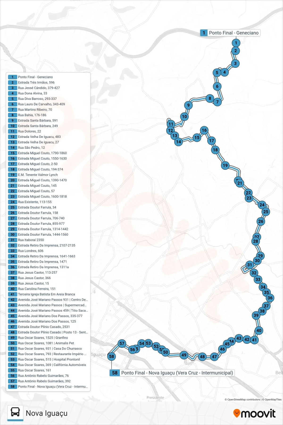 530I bus Line (Nova Iguaçu) route and stops on a map
