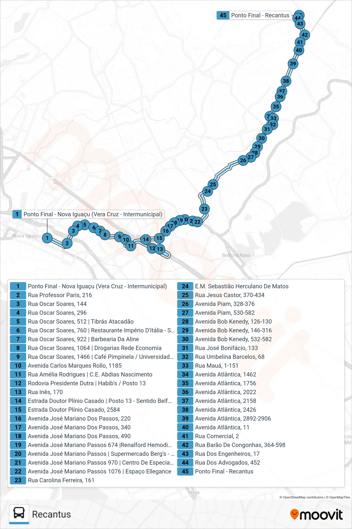 Rota e paradas da linha de ônibus 535I (Recantus) no mapa