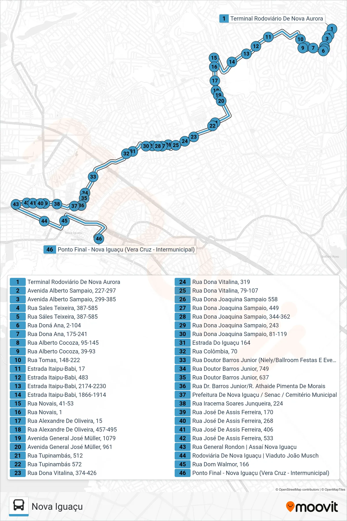 Rota e paradas da linha de ônibus 620I (Nova Iguaçu) no mapa