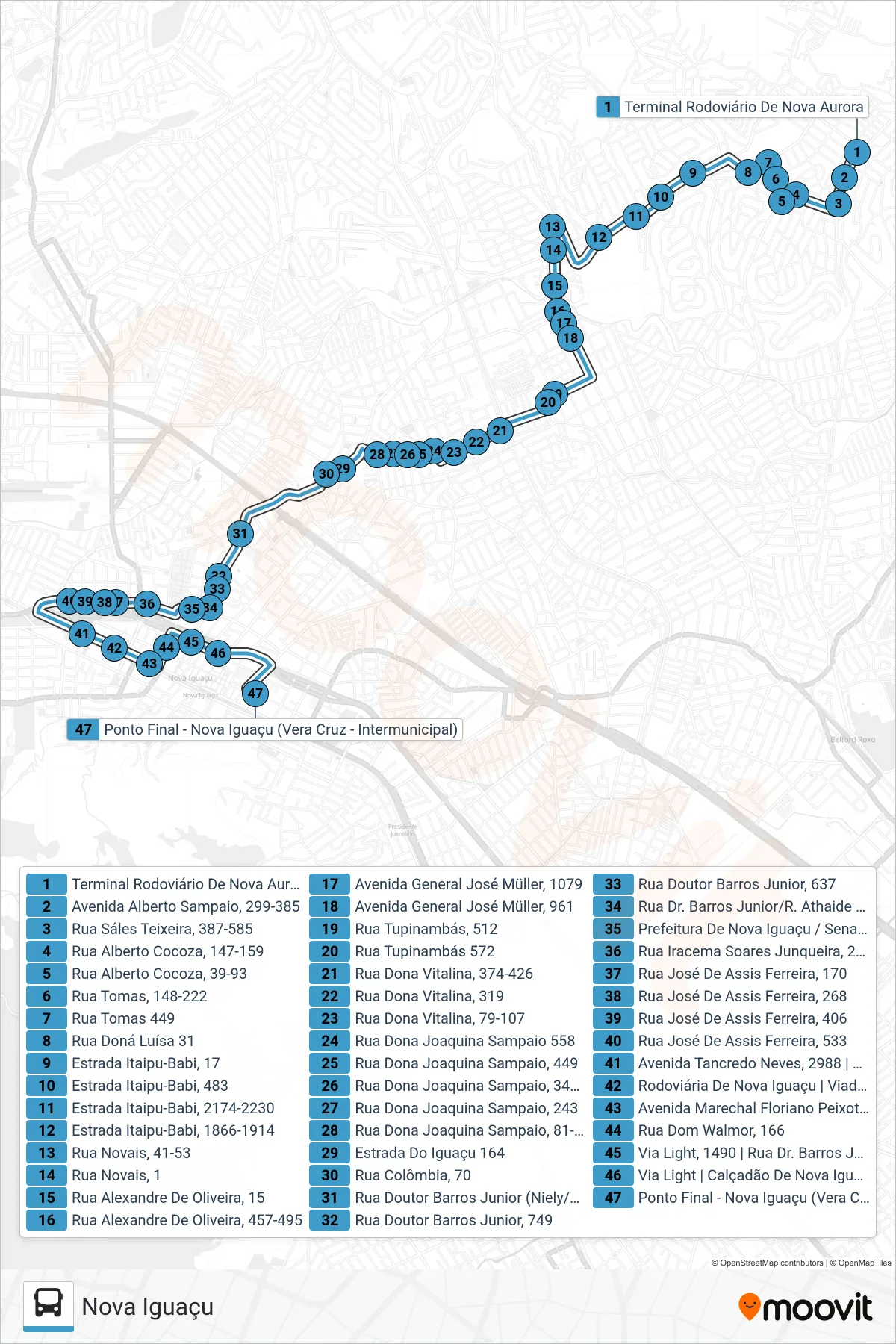 621I bus Line (Nova Iguaçu) route and stops on a map