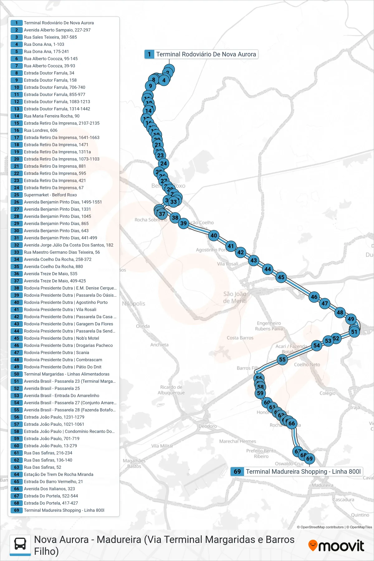 Rota e paradas da linha de ônibus 800L (Madureira) no mapa