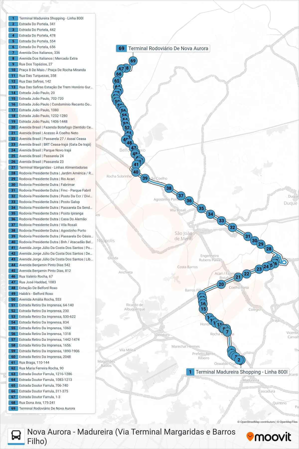Rota e paradas da linha de ônibus 800L (Nova Aurora) no mapa