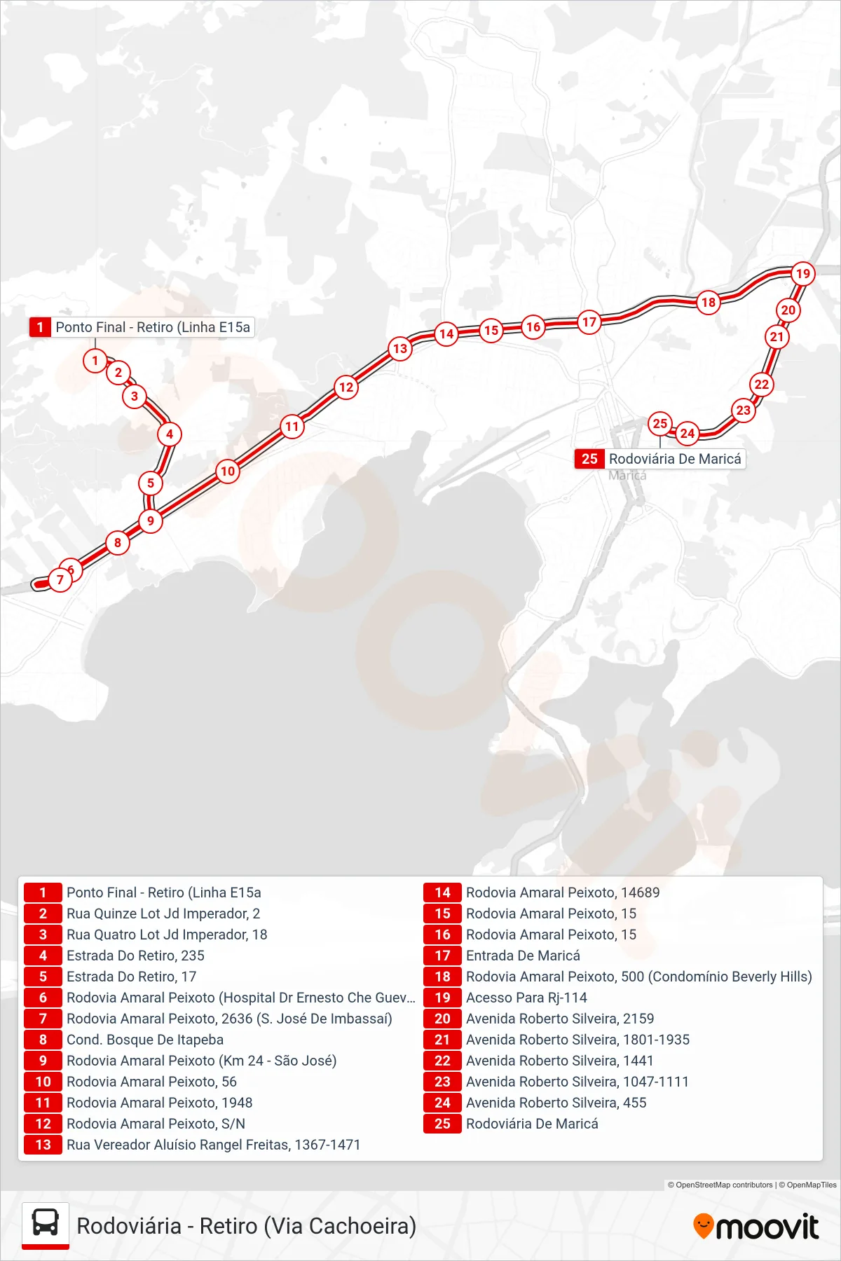 E15A bus Line (Rodoviária) route and stops on a map
