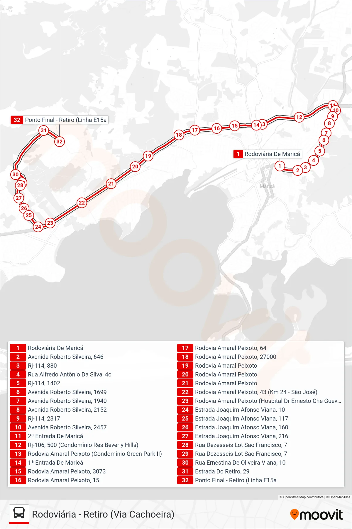 Rota e paradas da linha de ônibus E15A (Retiro) no mapa