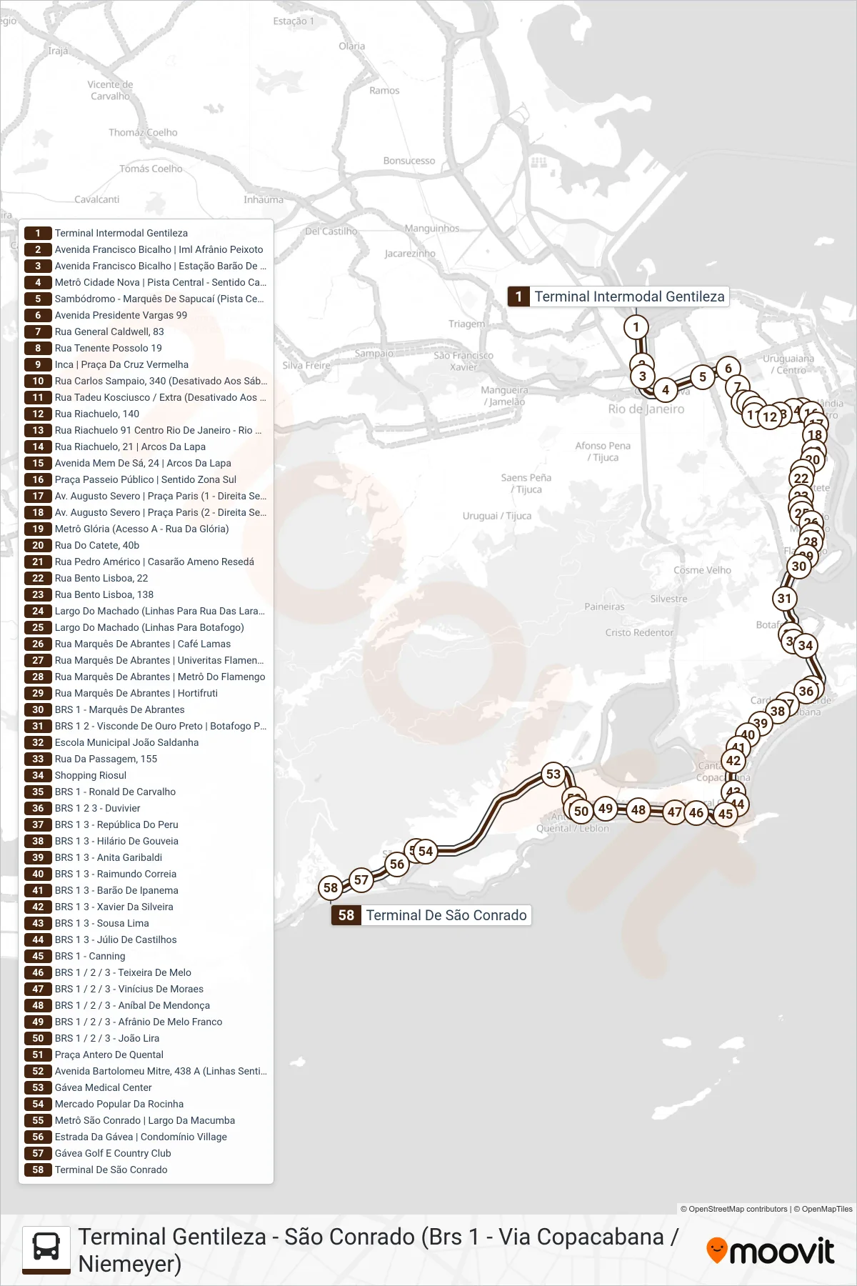 Rota e paradas da linha de ônibus 104 (São Conrado (Reversível)) no mapa