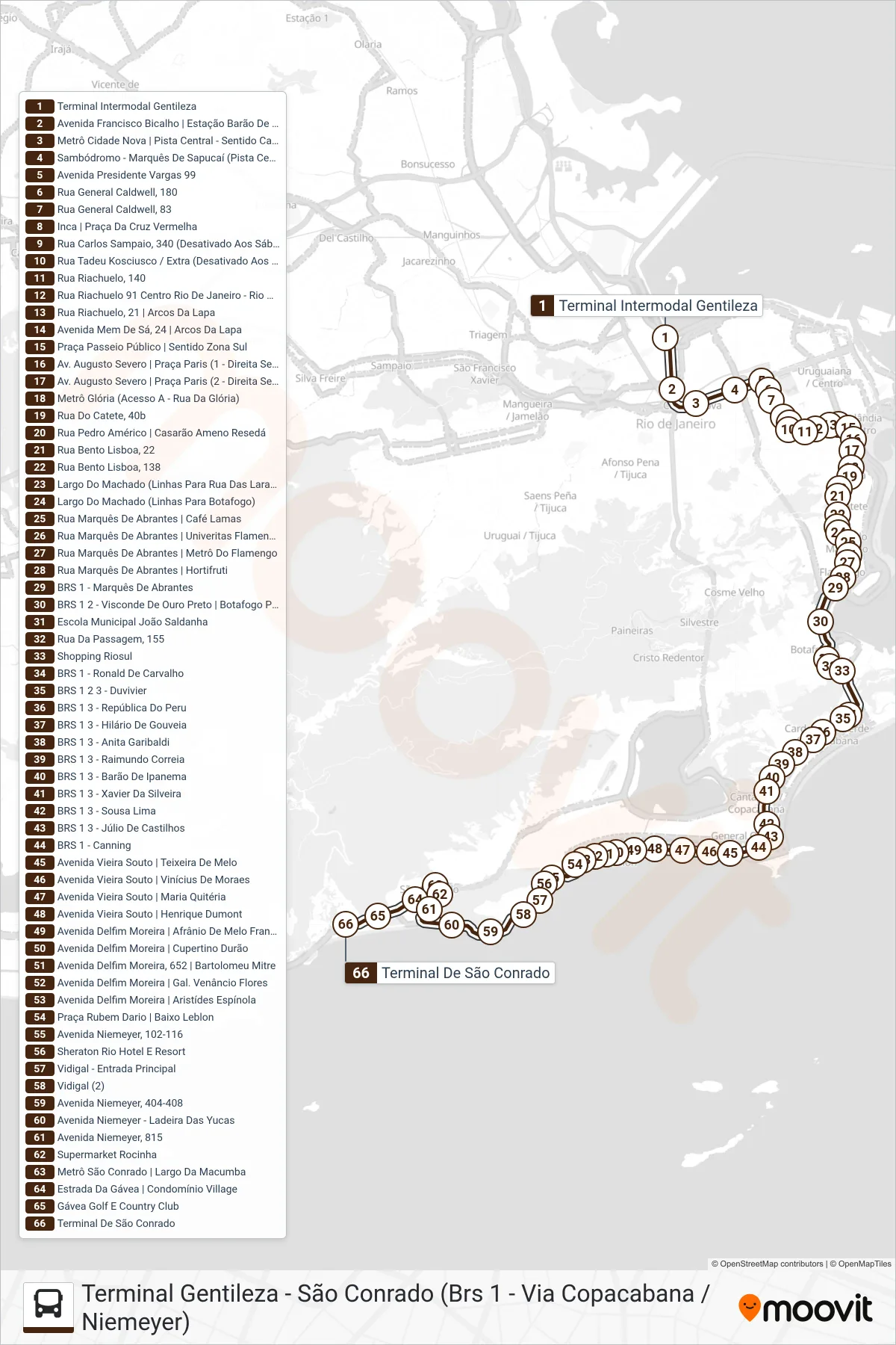 104 bus Line (São Conrado) route and stops on a map