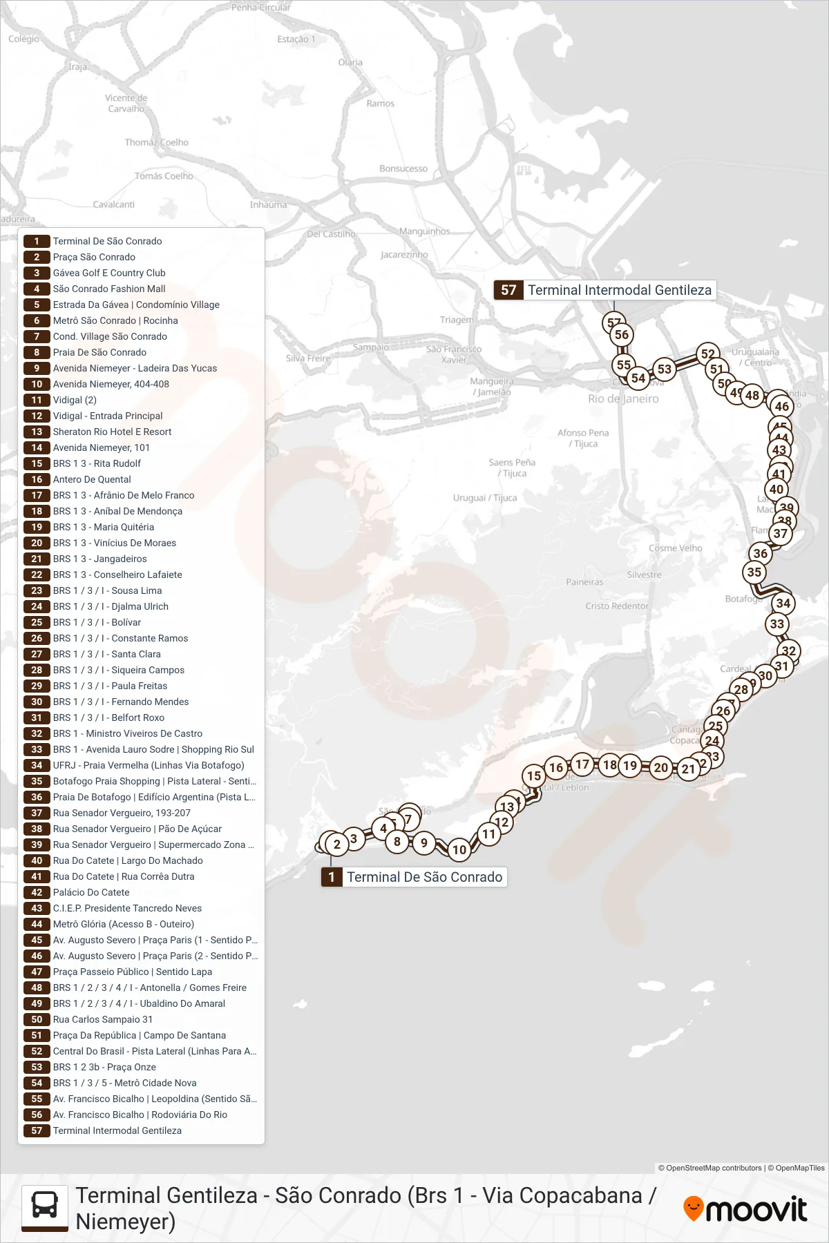 Rota e paradas da linha de ônibus 104 (Terminal Gentileza) no mapa