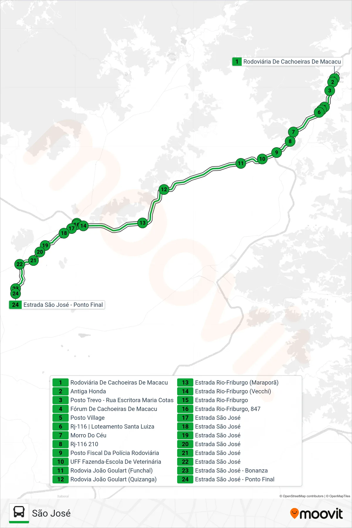 Rota e paradas da linha de ônibus 102 (São José) no mapa