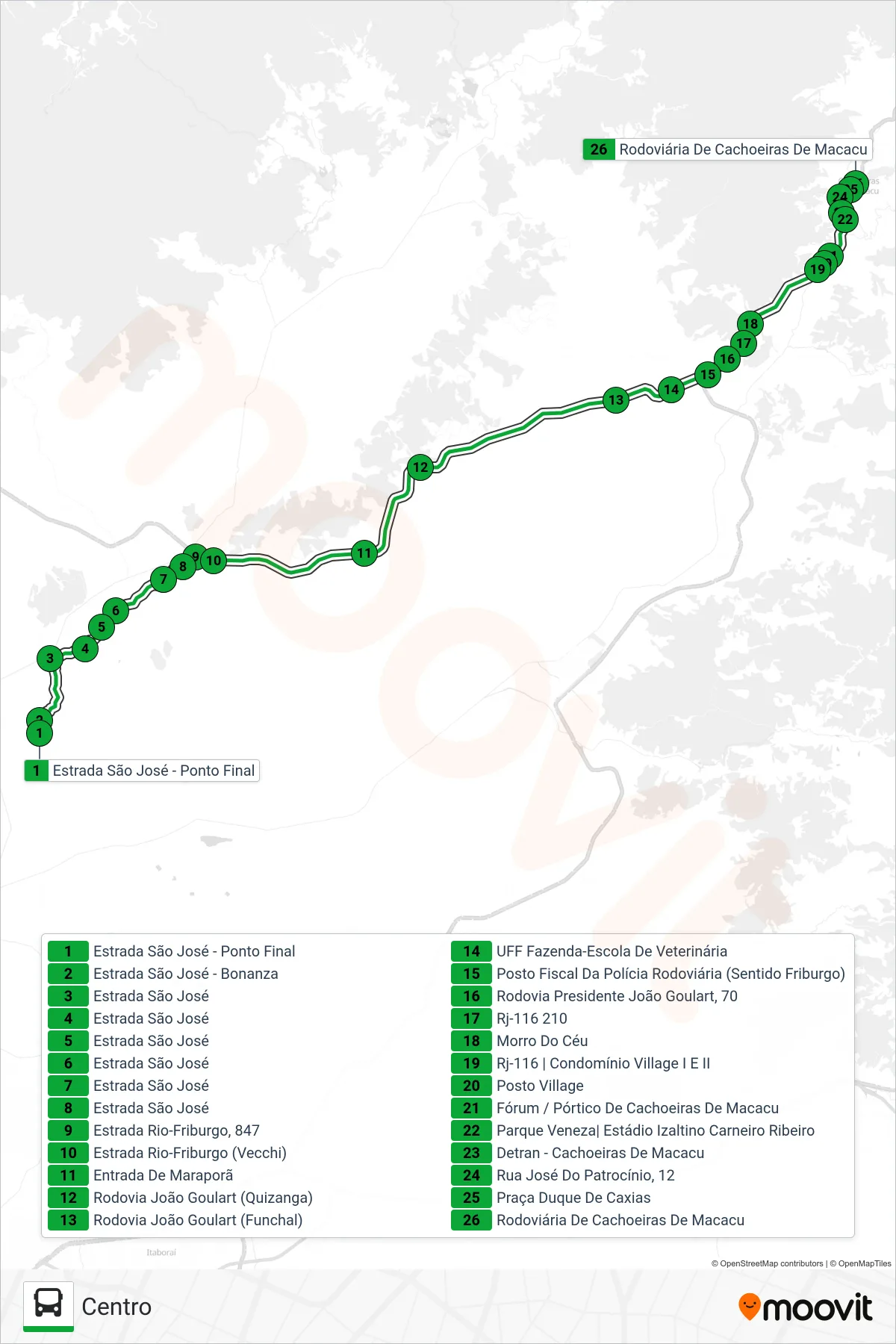 Rota e paradas da linha de ônibus 102 (Centro) no mapa