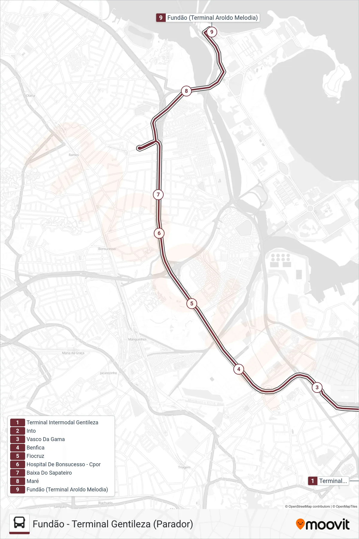 Rota e paradas da linha de ônibus 90 (Fundão) no mapa