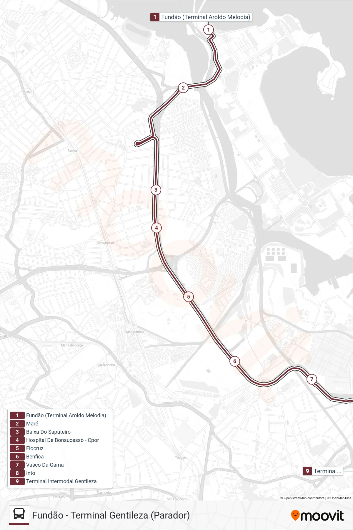 Rota e paradas da linha de ônibus 90 (Terminal Gentileza) no mapa