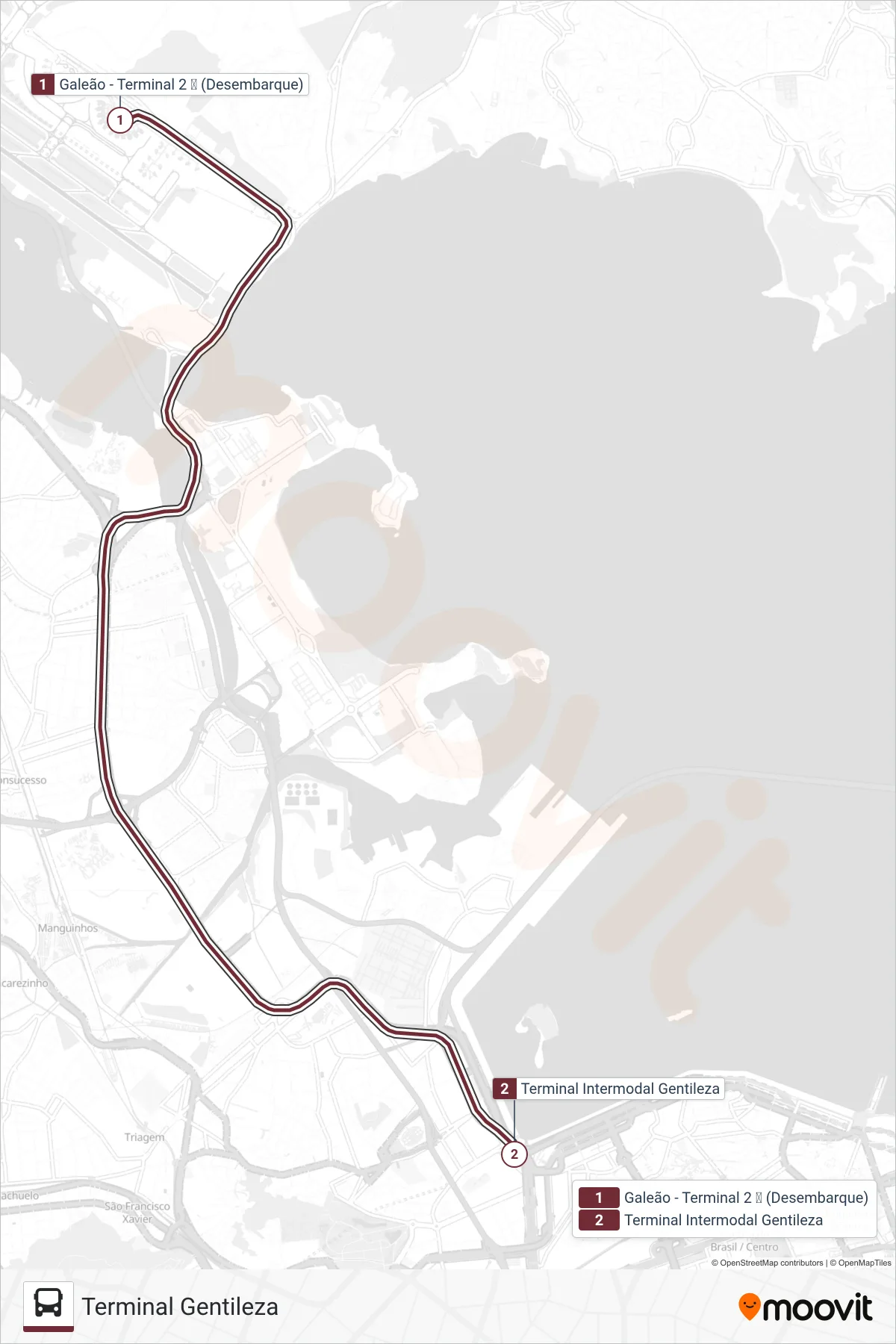 Rota e paradas da linha de ônibus ESP01 (Terminal Gentileza) no mapa