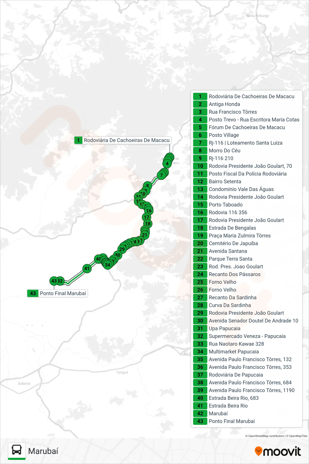 Rota e paradas da linha de ônibus 105 (Marubaí) no mapa