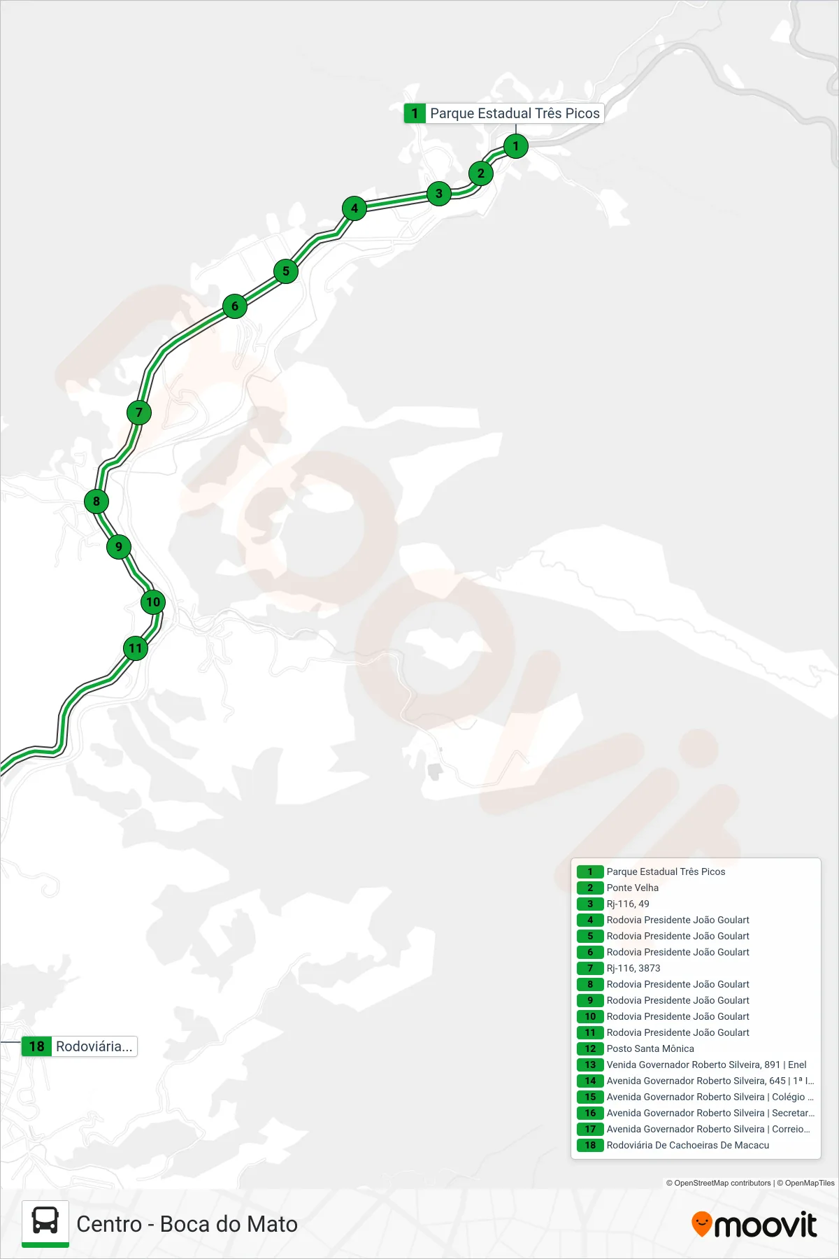 Rota e paradas da linha de ônibus 101 (Centro) no mapa