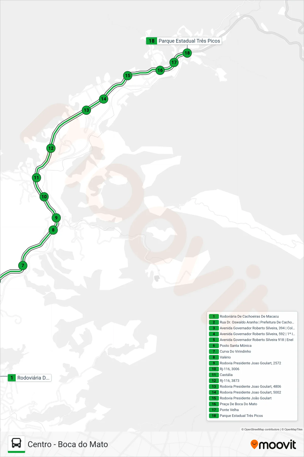 Rota e paradas da linha de ônibus  101  (Boca Do Mato) no mapa