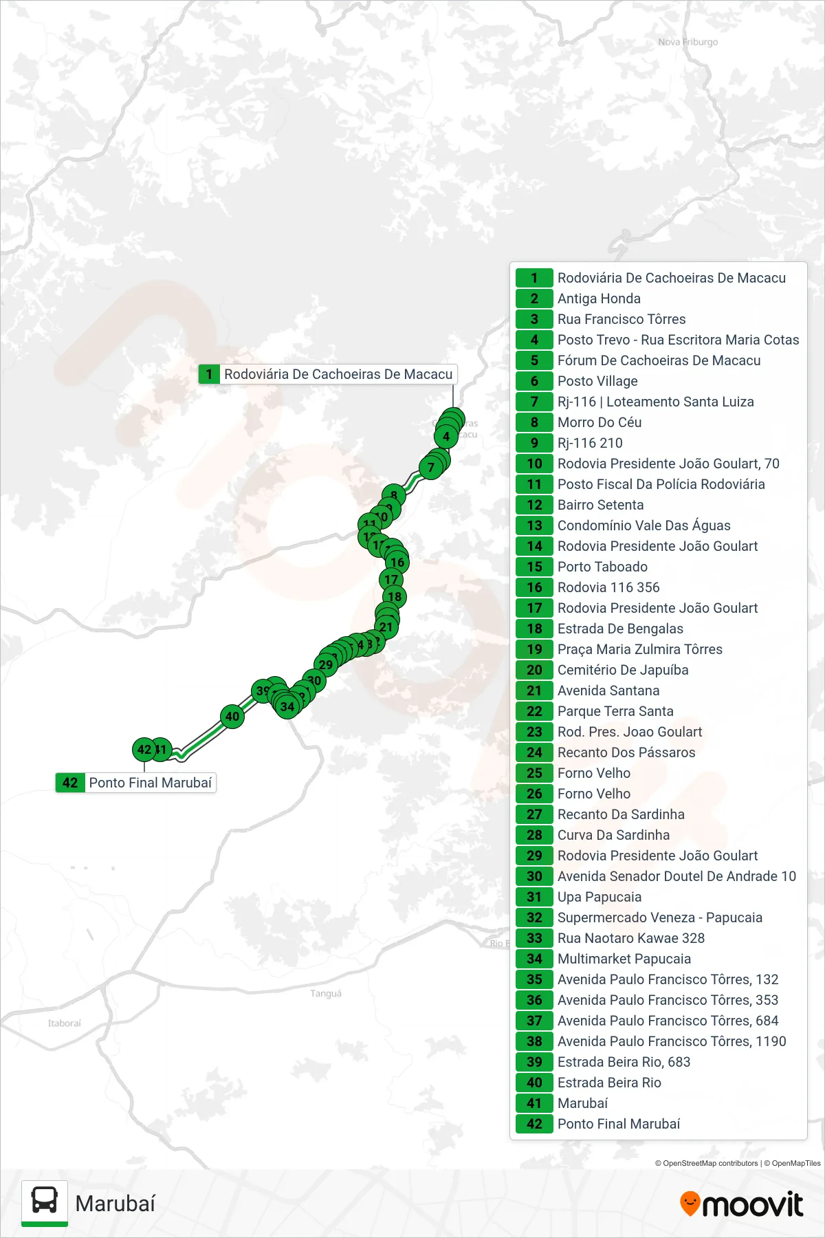 103 bus Line (Marubaí) route and stops on a map