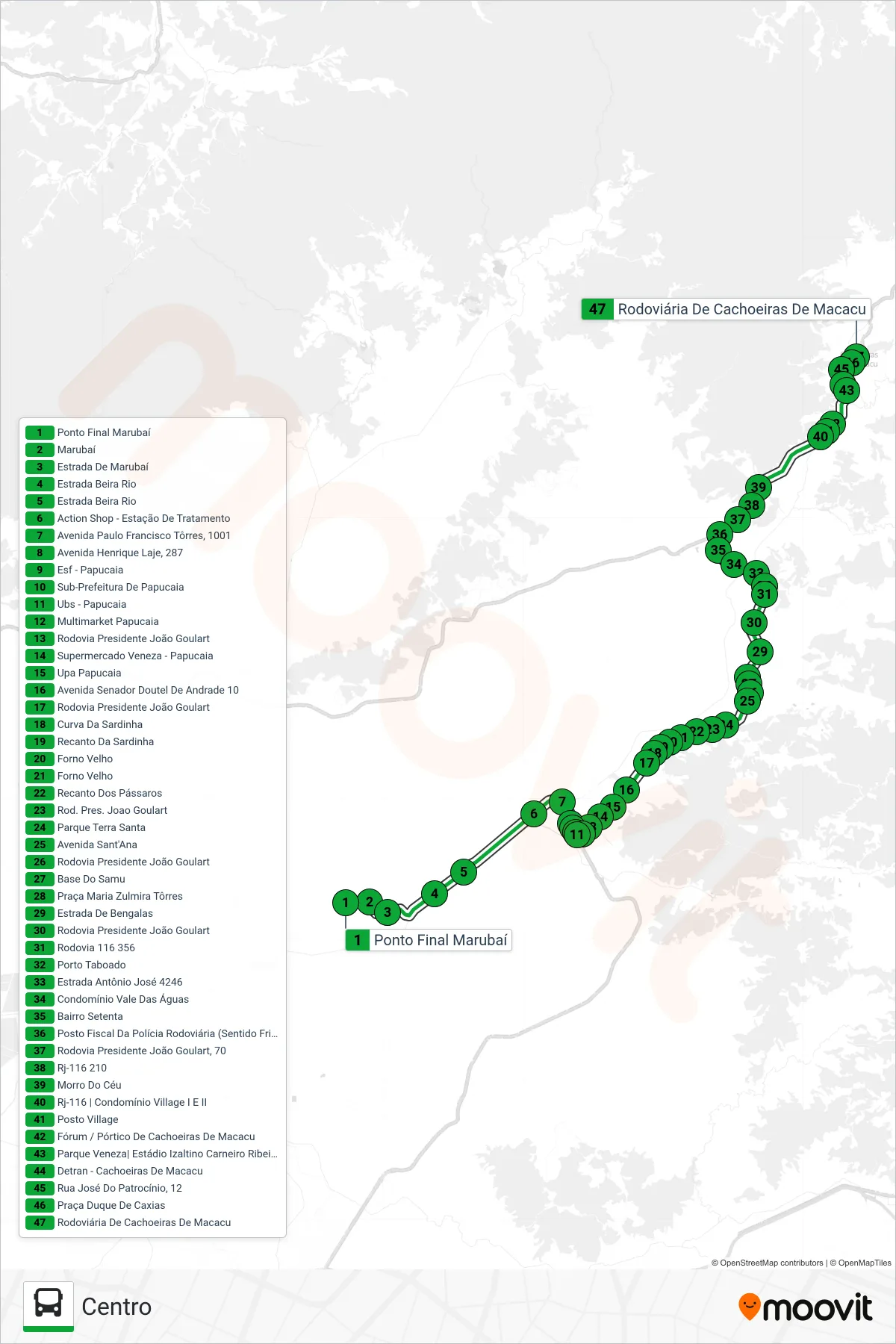 Rota e paradas da linha de ônibus  103  (Centro) no mapa