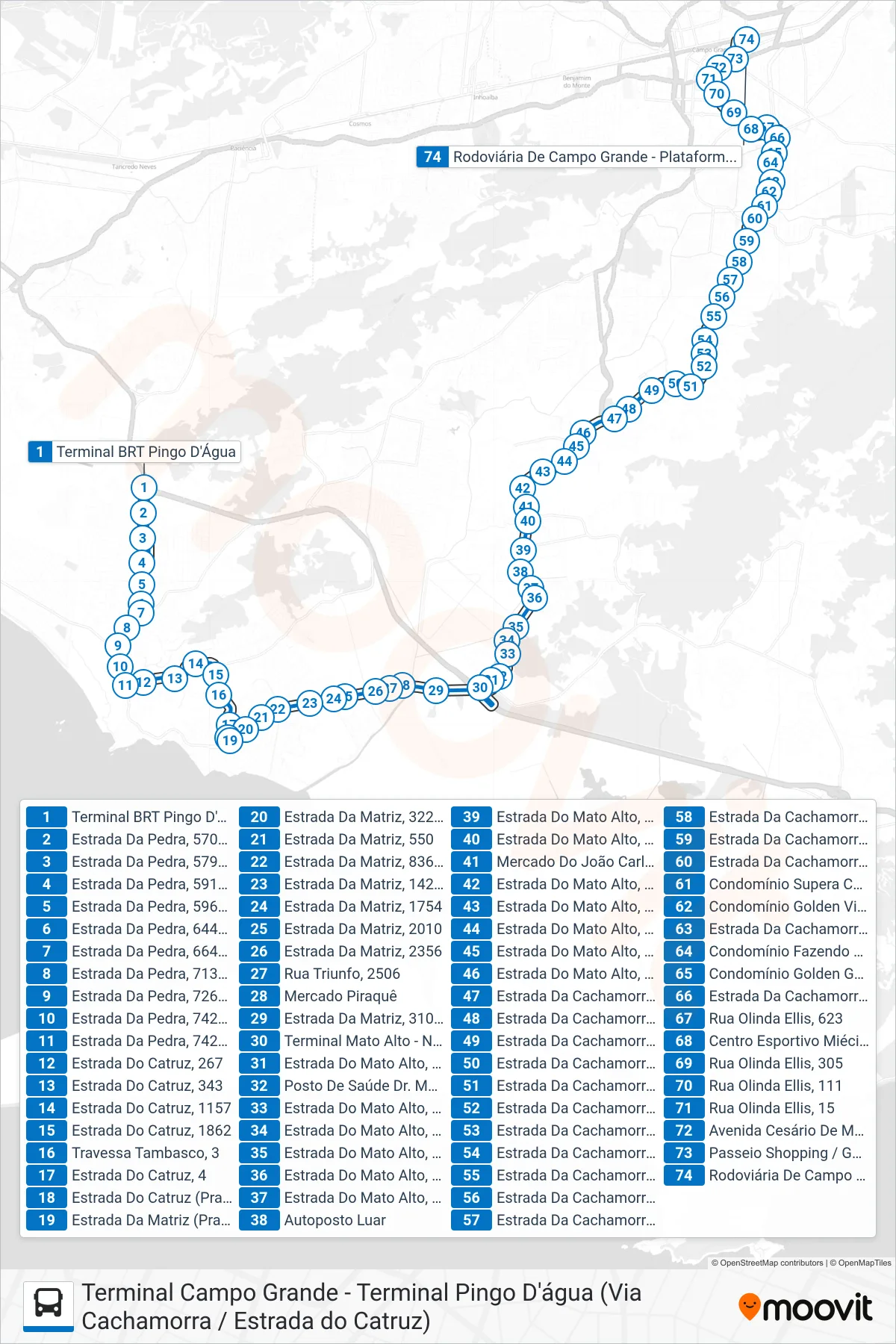 Rota e paradas da linha de ônibus 857 (Campo Grande) no mapa