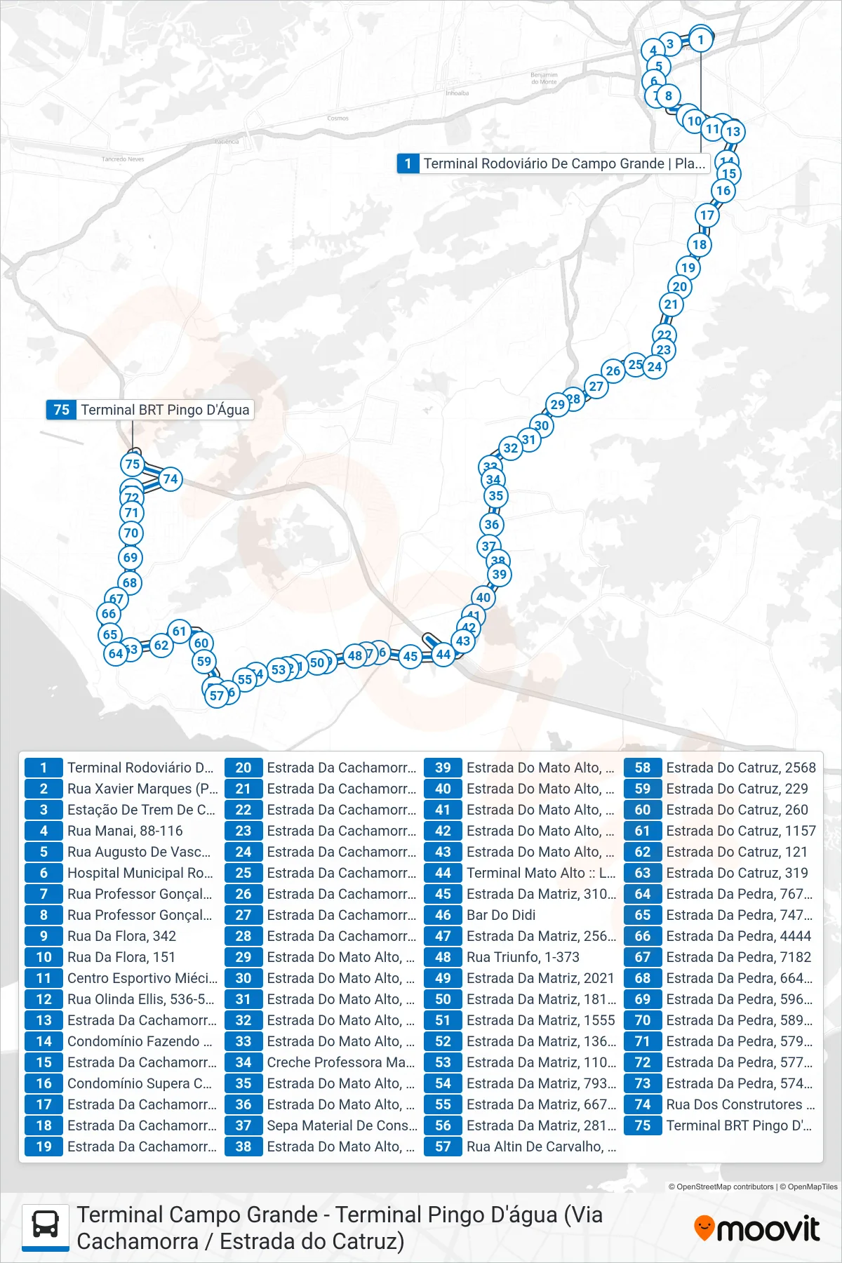 Rota e paradas da linha de ônibus 857 (BRT Pingo D'Água) no mapa
