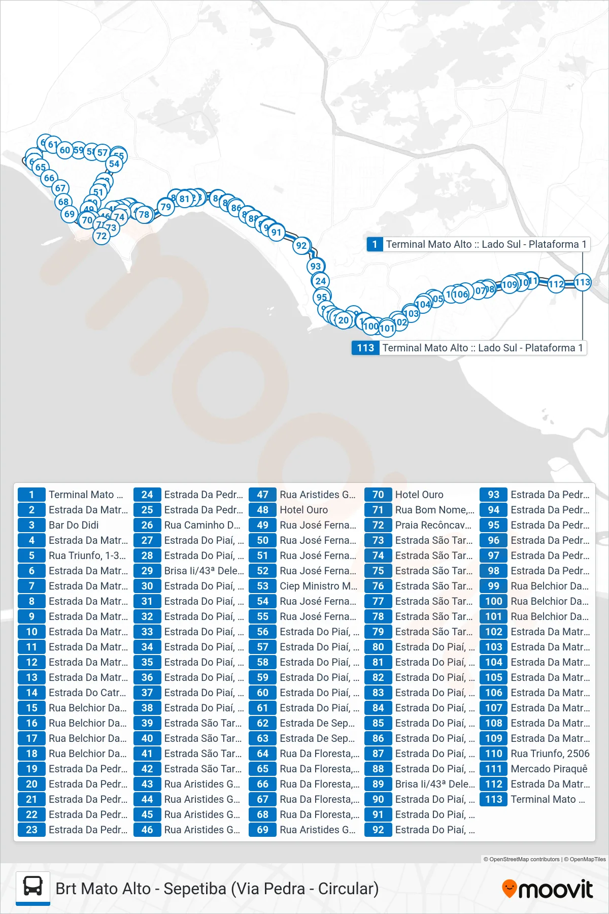 872 bus Line (BRT Mato Alto ↔ Sepetiba) route and stops on a map