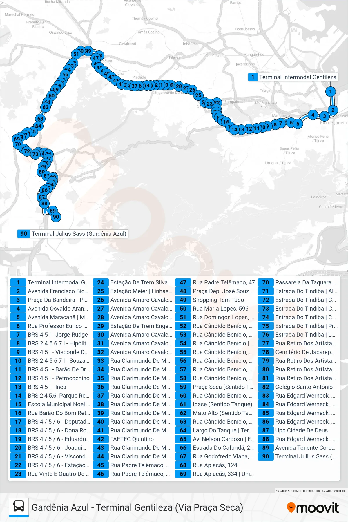 Rota e paradas da linha de ônibus 353 (Gardênia Azul) no mapa